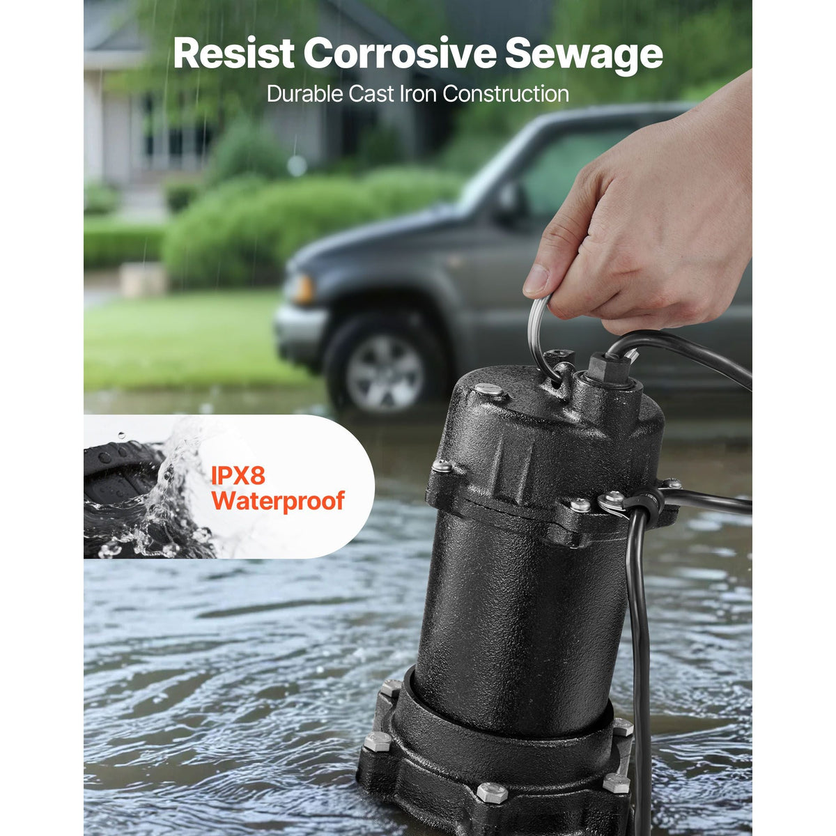 Submersible Sewage Pump, 1/2 HP, 6000 GPH Cast Iron Sewage/Effluent Pump with Automatic Tethered Float Switch, 2-Inch NPT Discharge, 120V, 25 ft Max Lift, for Basement, Septic Tank, Residential