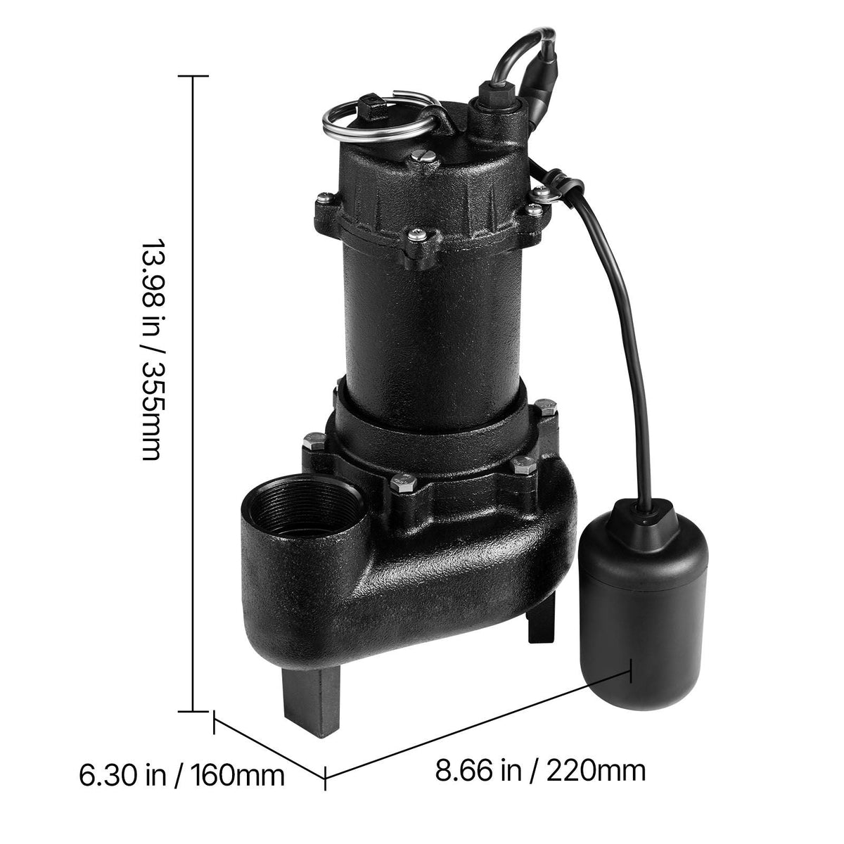 Submersible Sewage Pump, 1/2 HP, 6000 GPH Cast Iron Sewage/Effluent Pump with Automatic Tethered Float Switch, 2-Inch NPT Discharge, 120V, 25 ft Max Lift, for Basement, Septic Tank, Residential