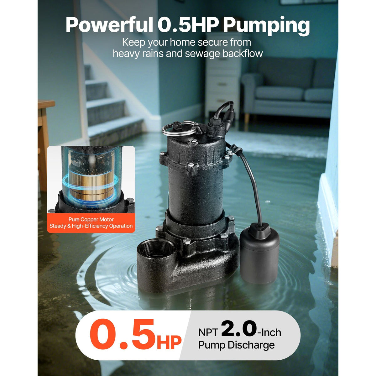 Submersible Sewage Pump, 1/2 HP, 6000 GPH Cast Iron Sewage/Effluent Pump with Automatic Tethered Float Switch, 2-Inch NPT Discharge, 120V, 25 ft Max Lift, for Basement, Septic Tank, Residential