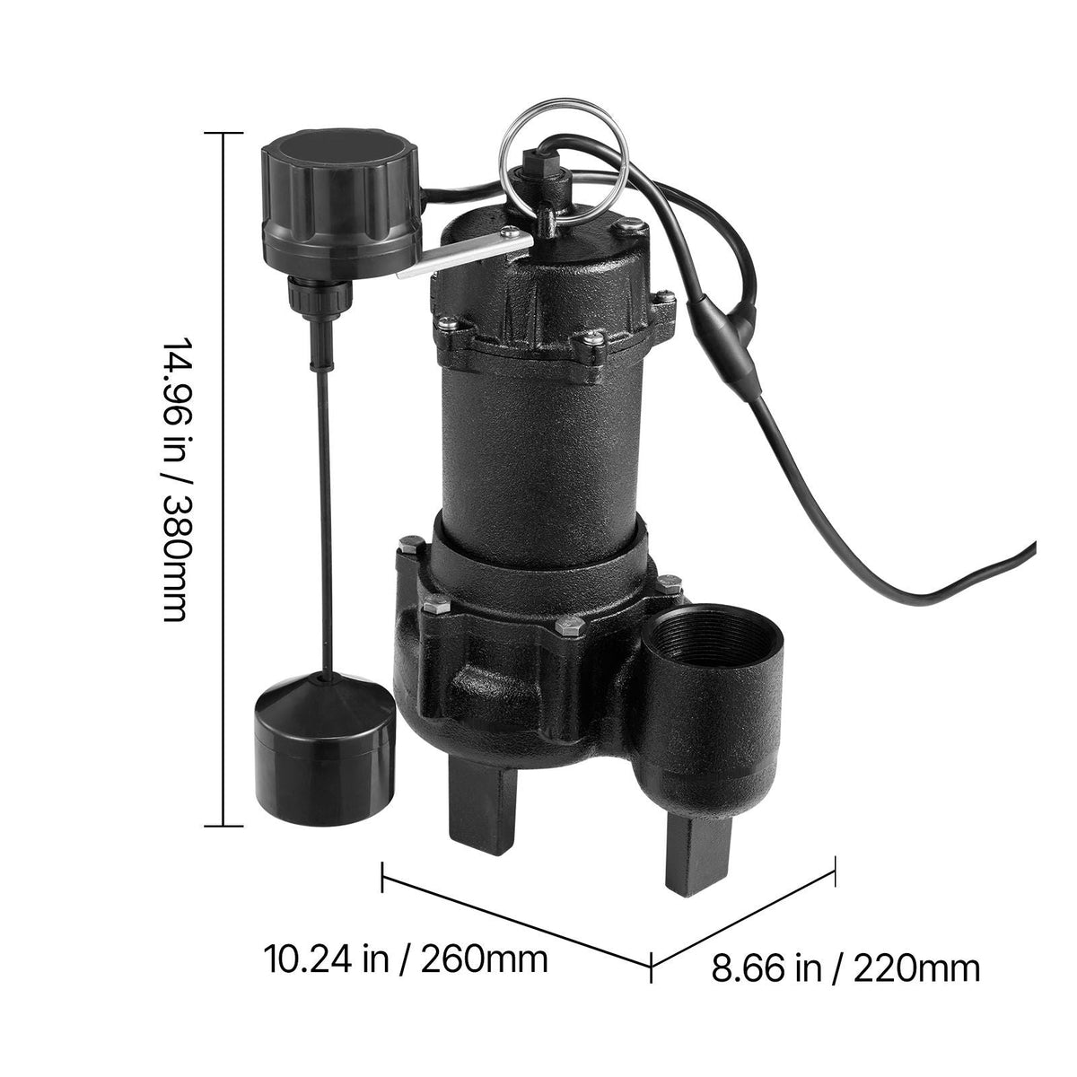 Submersible Sewage Pump, 3/4 HP, 6000 GPH Cast Iron Sewage/Effluent Pump with Automatic Tethered Float Switch, 2-Inch NPT Discharge, 120V, 23 ft Max Lift, for Basement, Septic Tank, Residential
