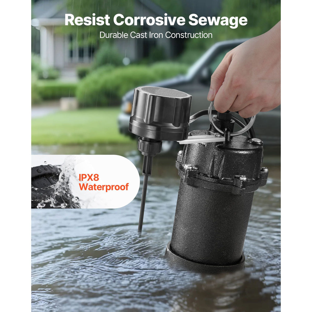Submersible Sewage Pump, 3/4 HP, 6000 GPH Cast Iron Sewage/Effluent Pump with Automatic Tethered Float Switch, 2-Inch NPT Discharge, 120V, 23 ft Max Lift, for Basement, Septic Tank, Residential