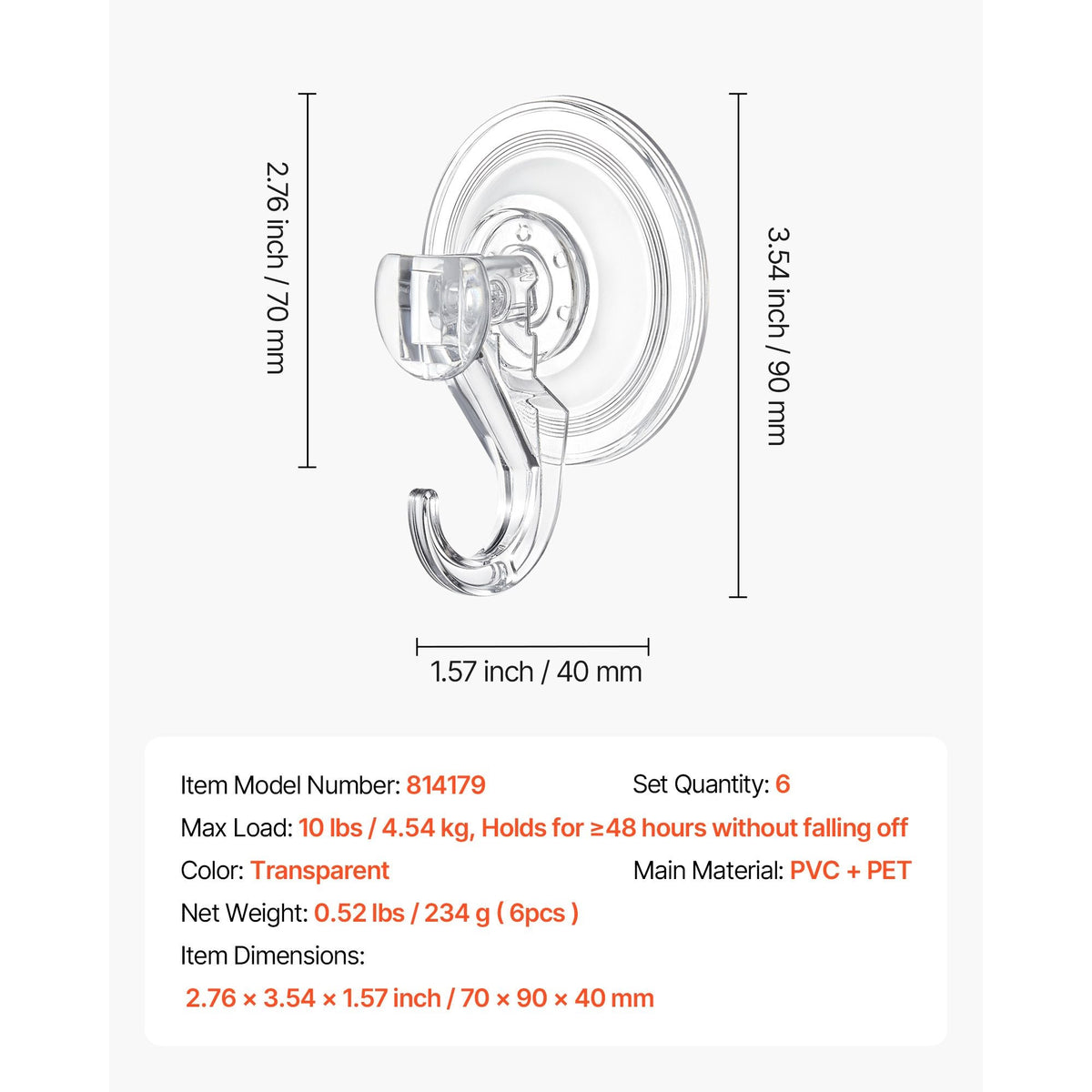 Suction Cup Hooks 6 Pack, 2.76 x 3.54 x 1.57 inch, 10 LBS Max Load Clear Shower Suction Cups, Strong and Reusable Heavy Duty Wall Holder, for Loofah, Towel, Glass, Window, Kitchen, Bathroom