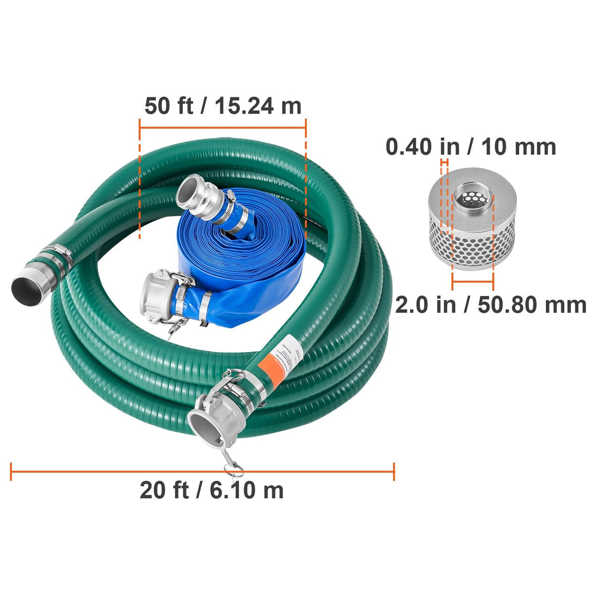 Suction Hose Kit for Water Pump, with 2 in x 50 ft Blue Backwash Hose, 20 ft Green Suction Hose, and Steel Round Hole Strainer, Camlocks, Clamps, Cam & Groove Adapter, for Multiple Purposes