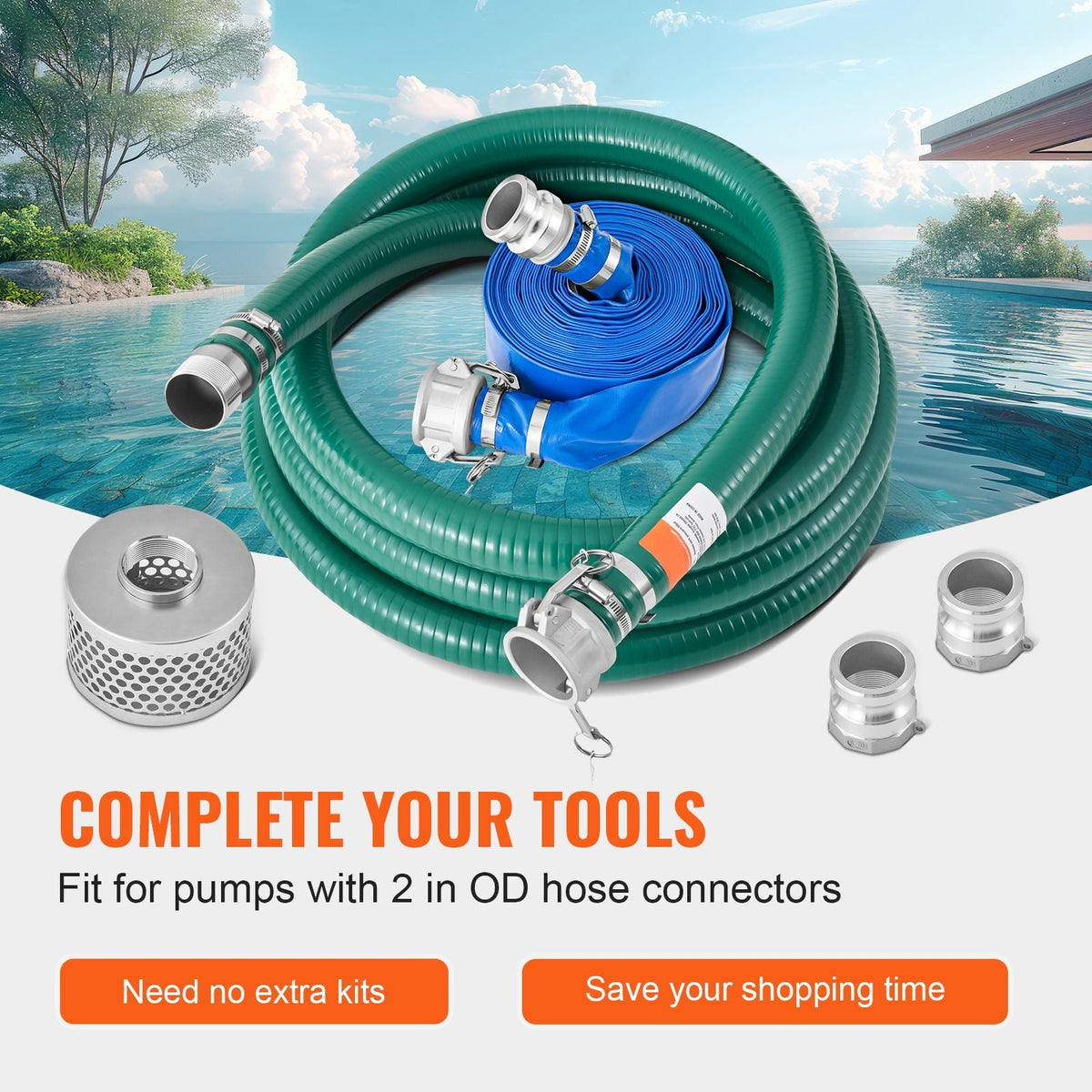 Suction Hose Kit for Water Pump, with 2 in x 50 ft Blue Backwash Hose, 20 ft Green Suction Hose, and Steel Round Hole Strainer, Camlocks, Clamps, Cam & Groove Adapter, for Multiple Purposes