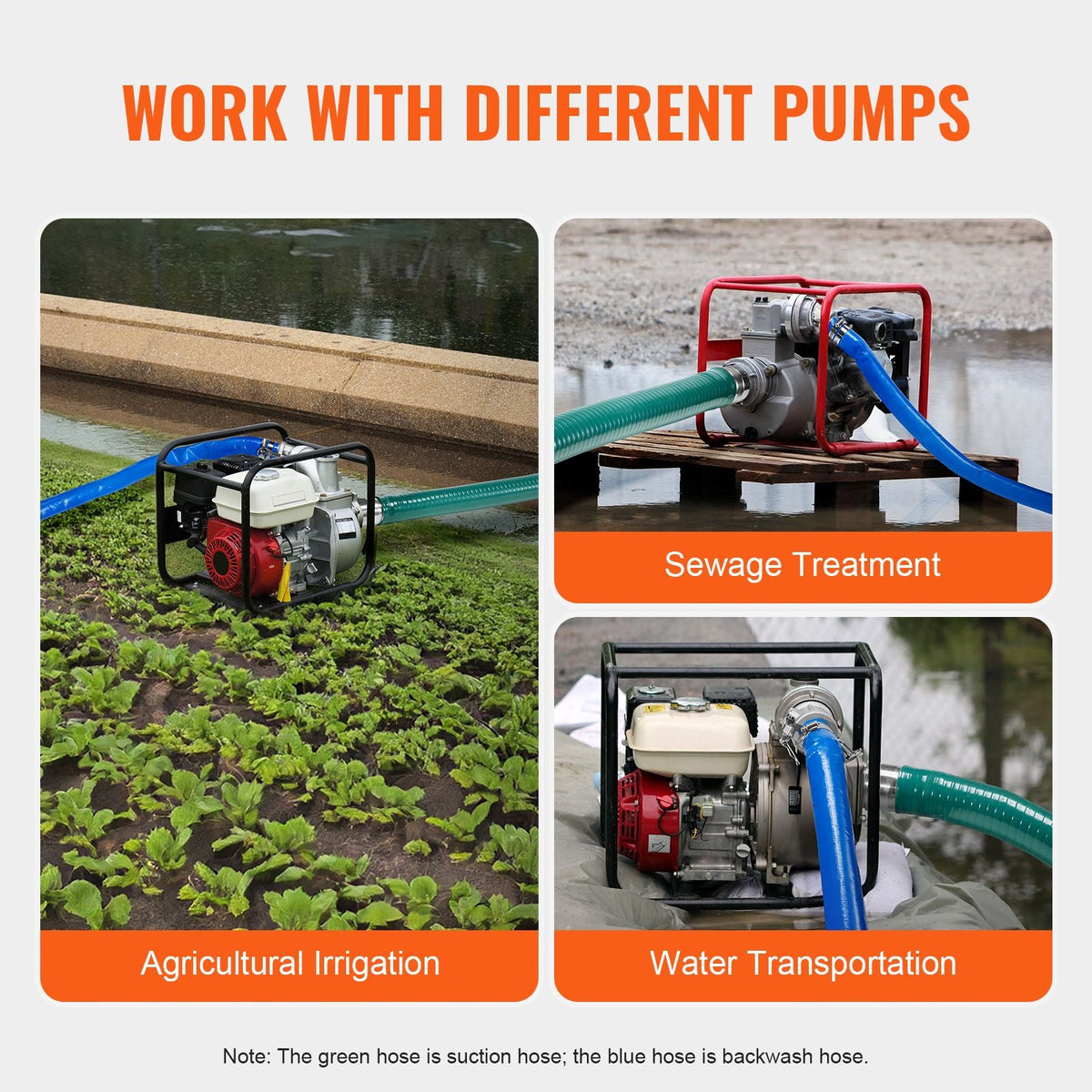 Suction Hose Kit for Water Pump, with 2 in x 50 ft Blue Backwash Hose, 20 ft Green Suction Hose, and Steel Round Hole Strainer, Camlocks, Clamps, Cam & Groove Adapter, for Multiple Purposes