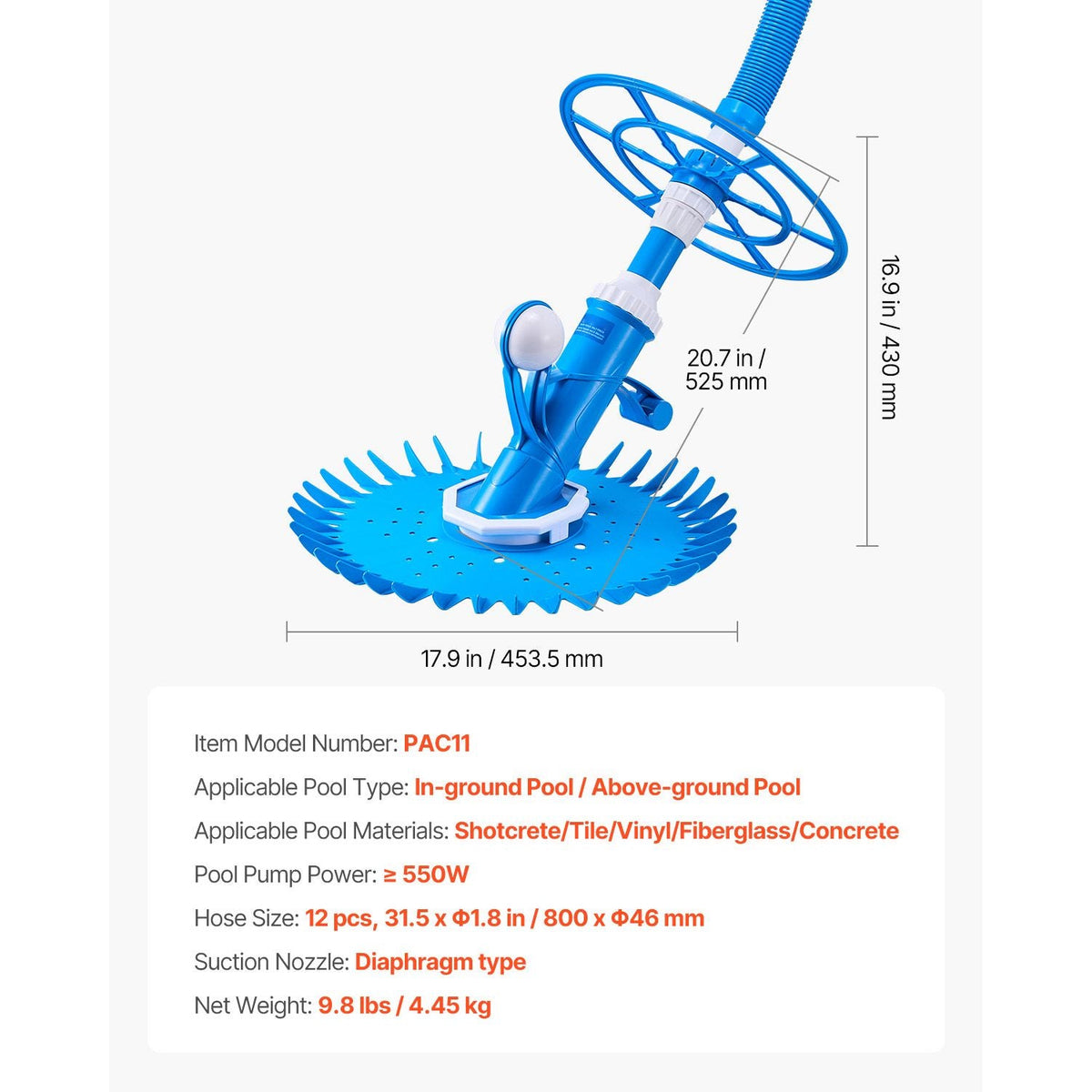 Suction Pool Cleaner, Automatic Pool Vacuum Cleaner, Suction Side Automatic Pool Cleaner, Suction Vacuum Pool Sweeper with 12 Hoses, for In-ground Pool and Above-ground Pool Up to 20 x 35 ft