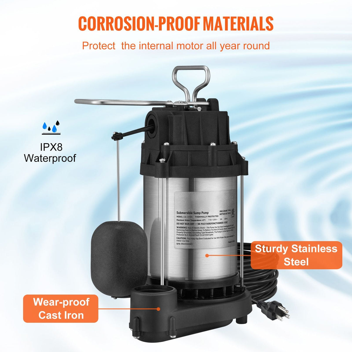 Sump Pump, 1/2 HP 3960 GPH, Submersible Stainless Steel Water Pump, 1-1/2" NPT Discharge With 33 ft Cord, Automatic Float Switch with Piggy-back Plug, for Indoor Basement Water Basin