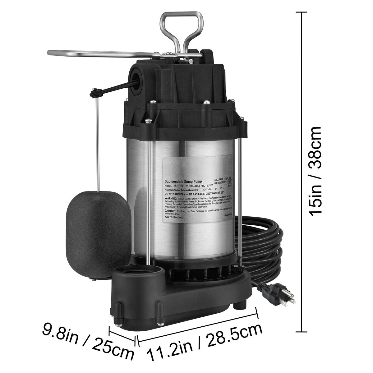 Sump Pump, 1/2 HP 3960 GPH, Submersible Stainless Steel Water Pump, 1-1/2" NPT Discharge With 33 ft Cord, Automatic Float Switch with Piggy-back Plug, for Indoor Basement Water Basin