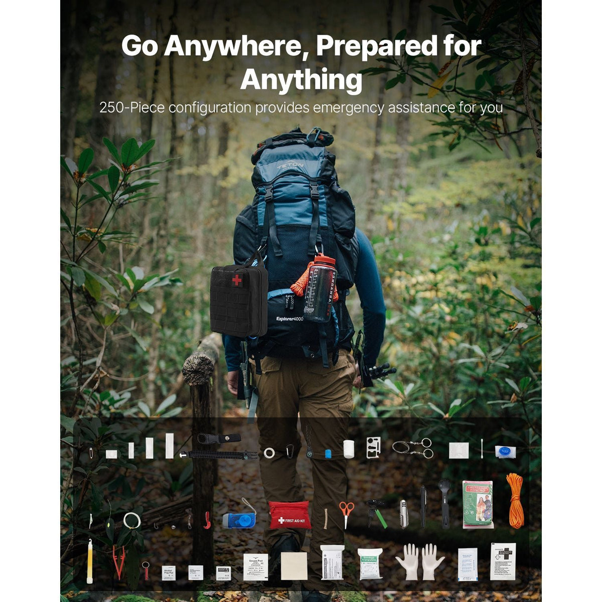 Survival First Aid Kit, 250 Pieces, 600D Nylon Trauma First Aid Bag, Survival Gear and Equipment, Emergency Kits, for Men Women Camping, Boat, Earthquake, Hiking, Hunting, and Outdoor Adventure