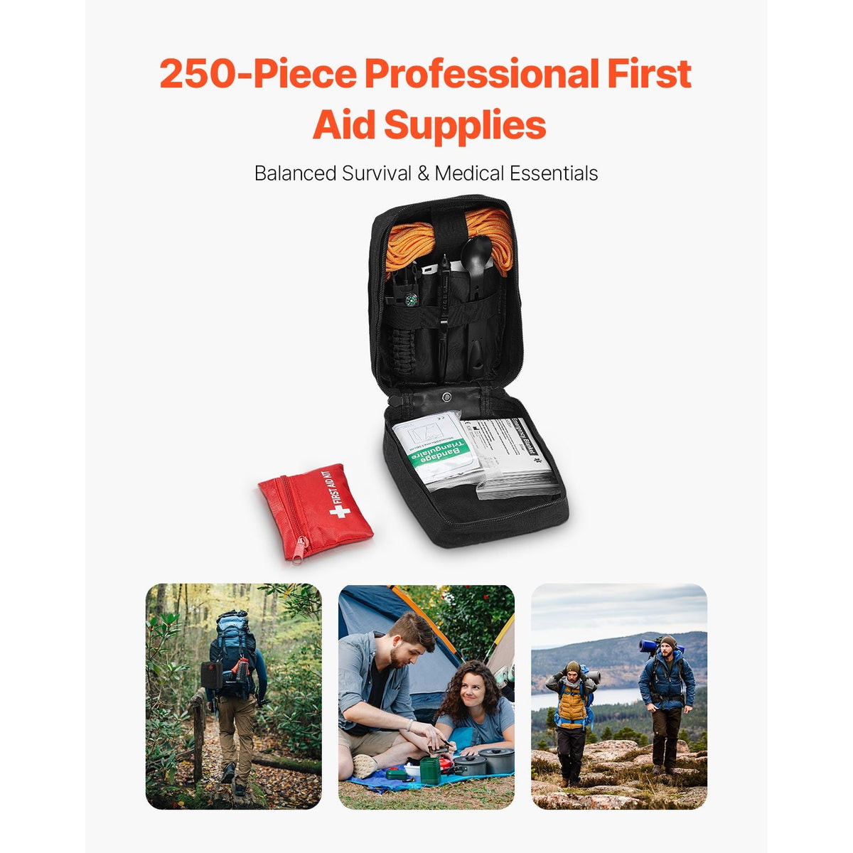 Survival First Aid Kit, 250 Pieces, 600D Nylon Trauma First Aid Bag, Survival Gear and Equipment, Emergency Kits, for Men Women Camping, Boat, Earthquake, Hiking, Hunting, and Outdoor Adventure