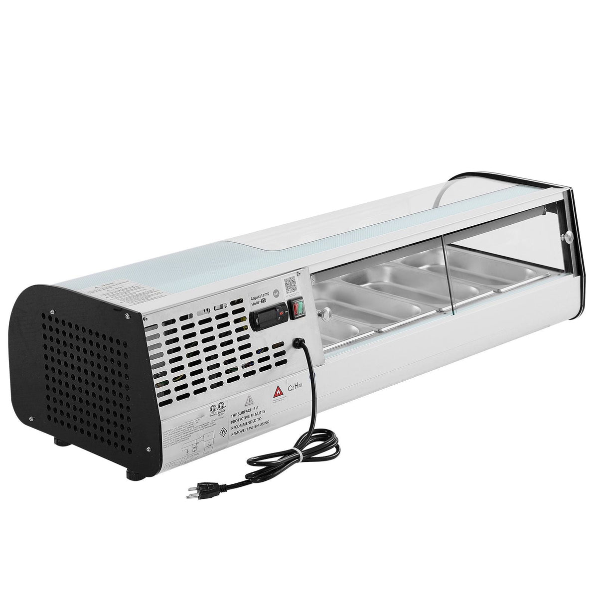 Sushi Display Case Refrigerator, 1.5 Cu.ft Commercial Sushi Case, 4-Pan Countertop Showcase with Curved Glass, LED Lighting, and Digital Temperature Control, for Sushi-Bar, Restaurant, Store
