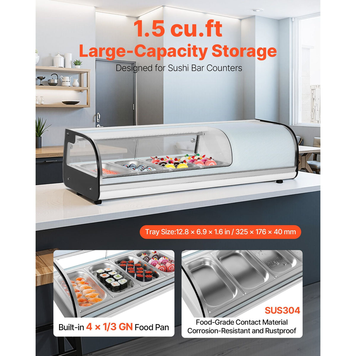 Sushi Display Case Refrigerator, 1.5 Cu.ft Commercial Sushi Case, 4-Pan Countertop Showcase with Curved Glass, LED Lighting, and Digital Temperature Control, for Sushi-Bar, Restaurant, Store