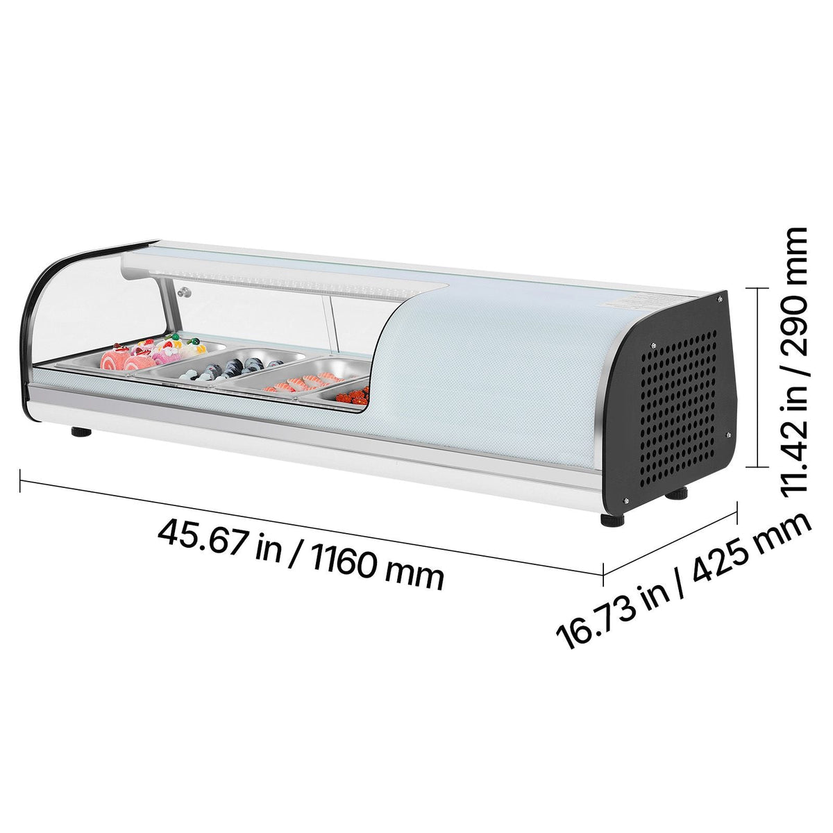 Sushi Display Case Refrigerator, 1.5 Cu.ft Commercial Sushi Case, 4-Pan Countertop Showcase with Curved Glass, LED Lighting, and Digital Temperature Control, for Sushi-Bar, Restaurant, Store