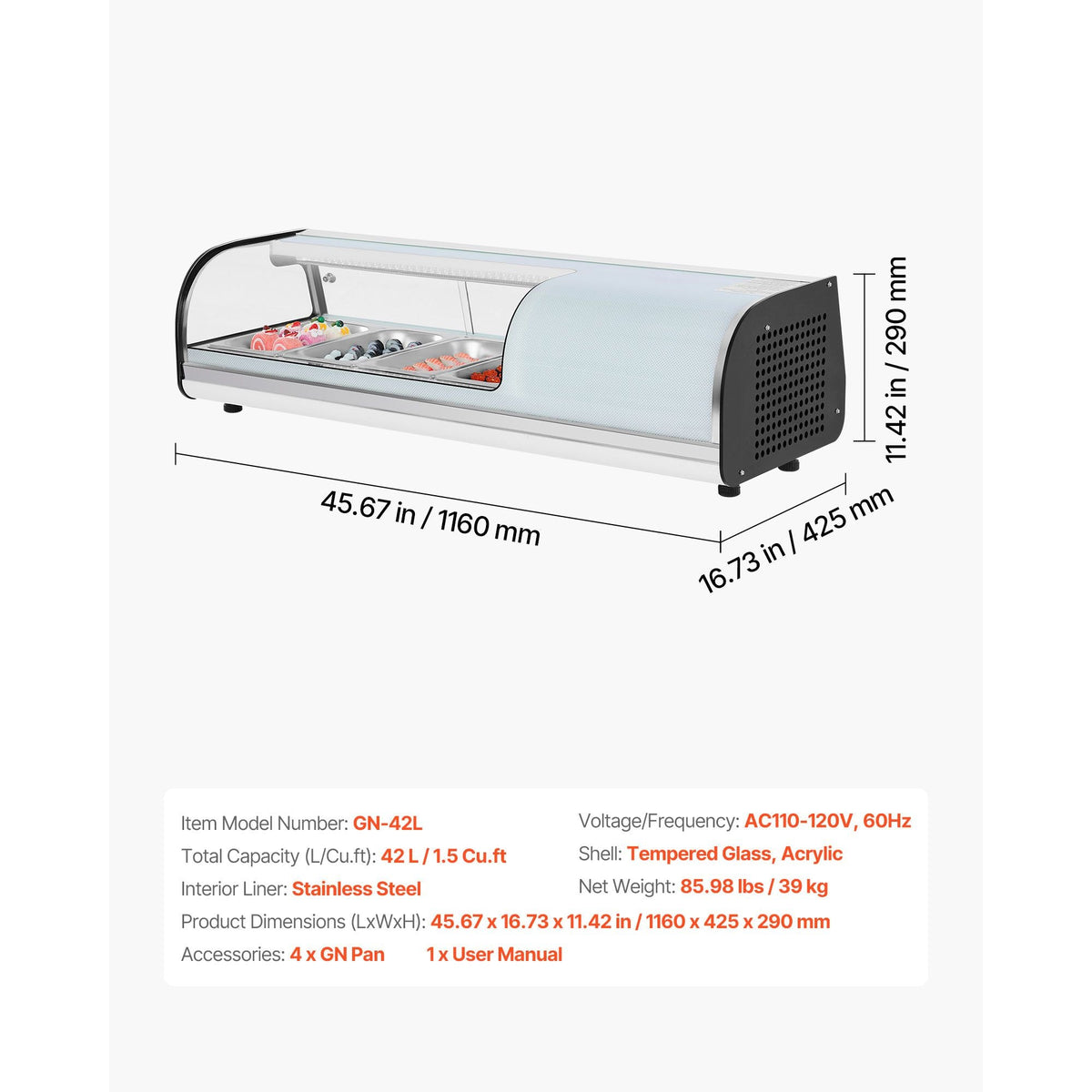Sushi Display Case Refrigerator, 1.5 Cu.ft Commercial Sushi Case, 4-Pan Countertop Showcase with Curved Glass, LED Lighting, and Digital Temperature Control, for Sushi-Bar, Restaurant, Store