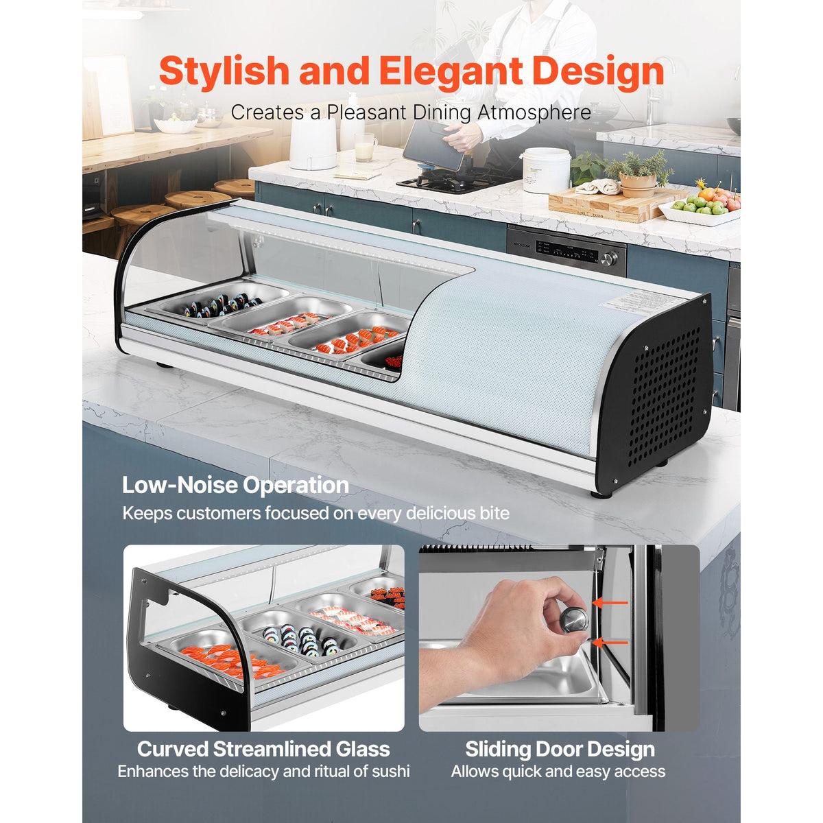 Sushi Display Case Refrigerator, 1.5 Cu.ft Commercial Sushi Case, 4-Pan Countertop Showcase with Curved Glass, LED Lighting, and Digital Temperature Control, for Sushi-Bar, Restaurant, Store