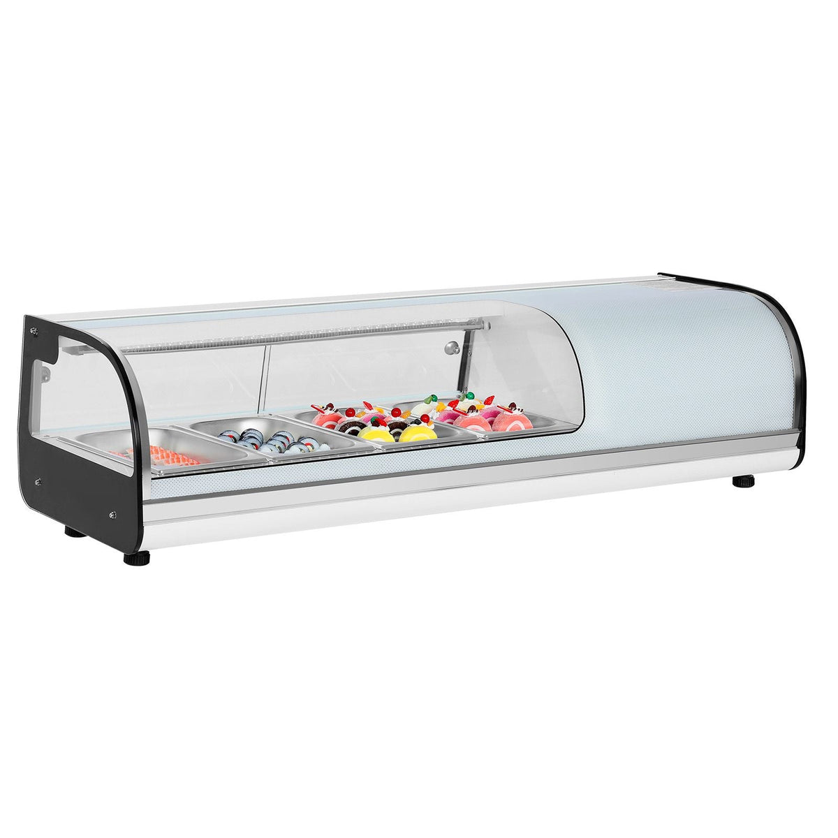 Sushi Display Case Refrigerator, 1.5 Cu.ft Commercial Sushi Case, 4-Pan Countertop Showcase with Curved Glass, LED Lighting, and Digital Temperature Control, for Sushi-Bar, Restaurant, Store