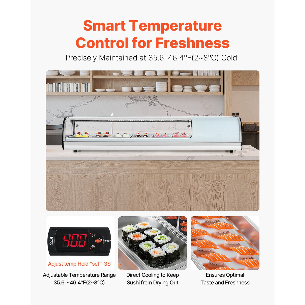 Sushi Display Case Refrigerator, 2.2 Cu.ft Commercial Sushi Case, 6-Pan Countertop Showcase with Curved Glass, LED Lighting, and Digital Temperature Control, for Sushi-Bar, Restaurant, Store