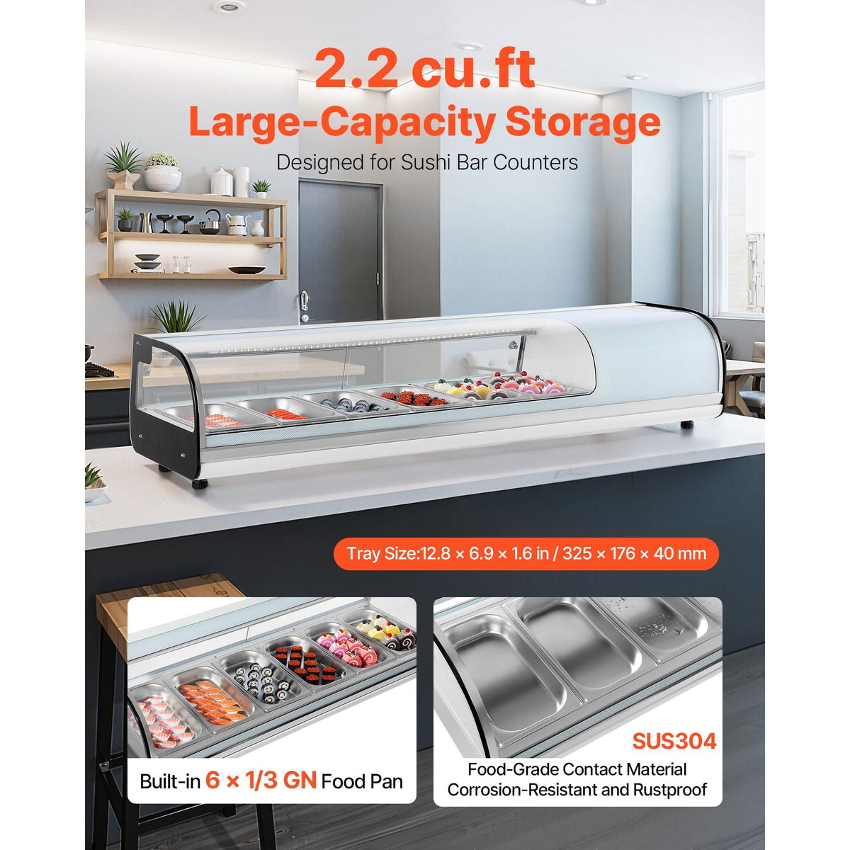 Sushi Display Case Refrigerator, 2.2 Cu.ft Commercial Sushi Case, 6-Pan Countertop Showcase with Curved Glass, LED Lighting, and Digital Temperature Control, for Sushi-Bar, Restaurant, Store