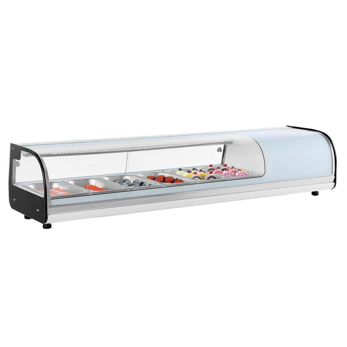 Sushi Display Case Refrigerator, 2.2 Cu.ft Commercial Sushi Case, 6-Pan Countertop Showcase with Curved Glass, LED Lighting, and Digital Temperature Control, for Sushi-Bar, Restaurant, Store