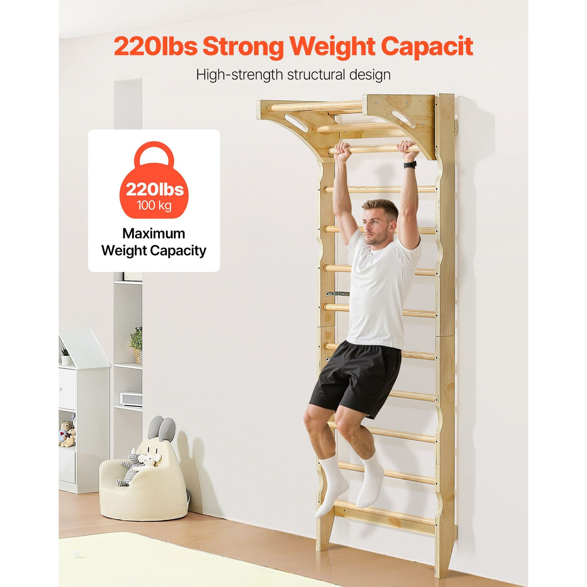 Swedish Ladder Wall Gym, 2-in-1 10-Level Indoor Jungle Gym, 220LBS Loading Solid Wood Gymnastic Stall Bars for Kids & Adults, Indoor Playground Climbing Playset with Pull-Up Bar, Wall Ladder