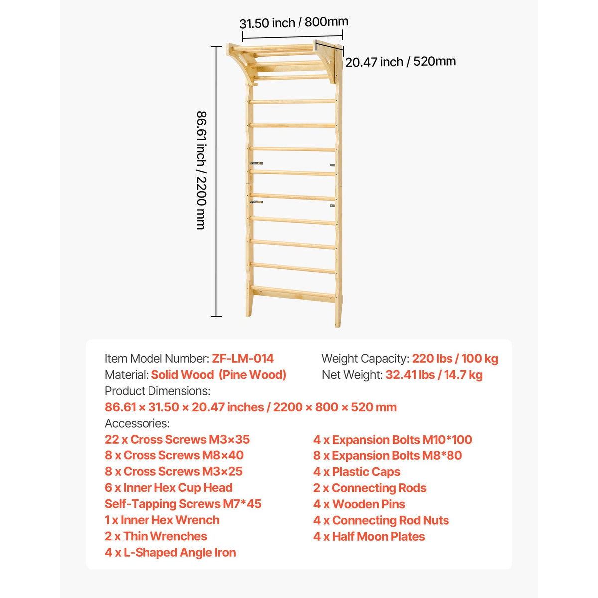 Swedish Ladder Wall Gym, 2-in-1 10-Level Indoor Jungle Gym, 220LBS Loading Solid Wood Gymnastic Stall Bars for Kids & Adults, Indoor Playground Climbing Playset with Pull-Up Bar, Wall Ladder