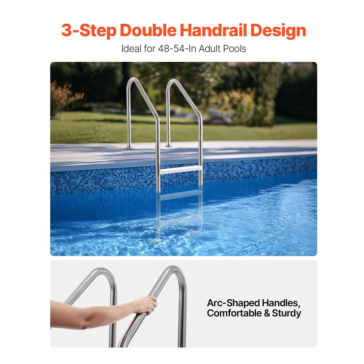 Swimming Pool Ladder, 3-Step Double Handrails Stairs with Non-slip Heavy Duty Steps, Stainless Steel Load Capacity 265 lbs, for 48-54 In Inground Pools of Any Decking Surface Indoor & Outdoor