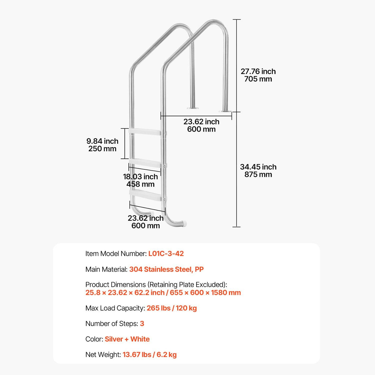 Swimming Pool Ladder, 3-Step Double Handrails Stairs with Non-slip Heavy Duty Steps, Stainless Steel Load Capacity 265 lbs, for 48-54 In Inground Pools of Any Decking Surface Indoor & Outdoor