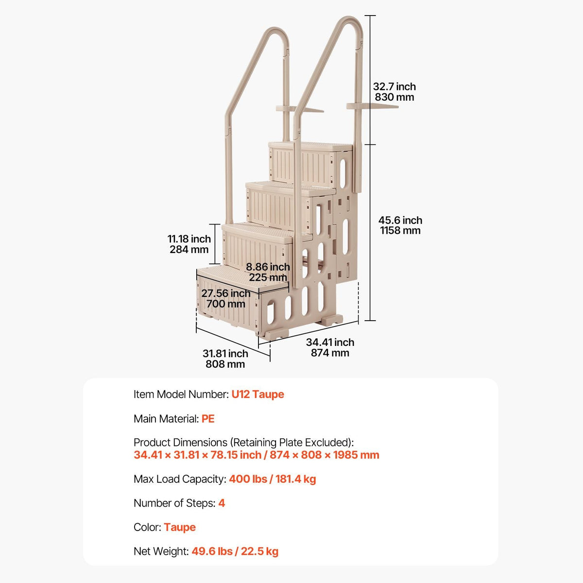 Swimming Pool Ladder, 4-Step Double Handrails Stairs with Non-slip Heavy Duty Steps, Max Load Capacity 400 lbs, for 48-54 In Inground & Above-ground Pools of Any Decking Surface, Taupe
