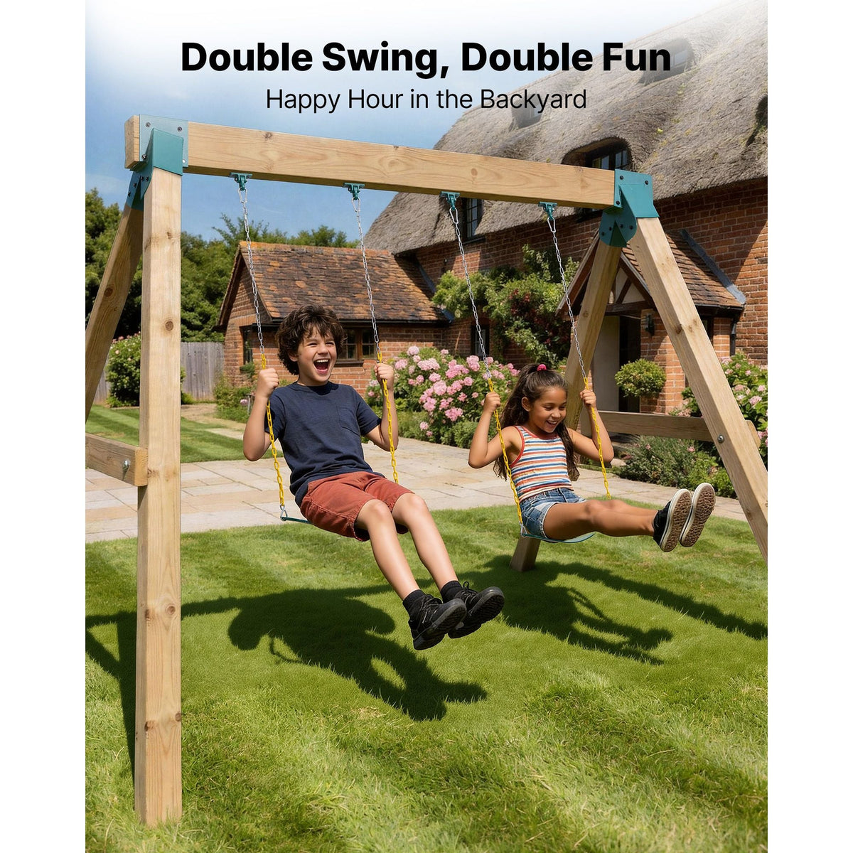Swing Set Brackets, Heavy-Duty A-frame Set Hardware, with 2 A-Frame Swing Brackets & 2 Seats & 4 Hangers, for Playground Backyard Park Equipment Mounting Parts Outdoor, Hardware Included, Green