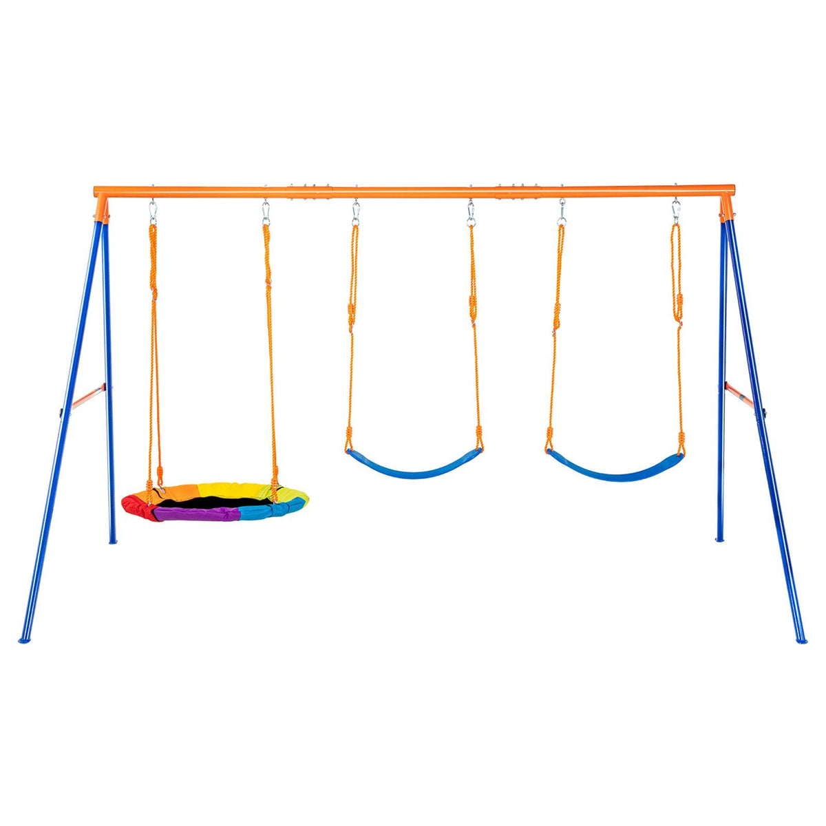 Swing Sets for Backyard, 600lbs Load Capacity Swing Set, with 1 Saucer Swing Seat, 2 Belt Swing Seats, Heavy Duty A-Frame Metal Swing Stand and Adjustable Rope, Swingset Outdoor for Kids