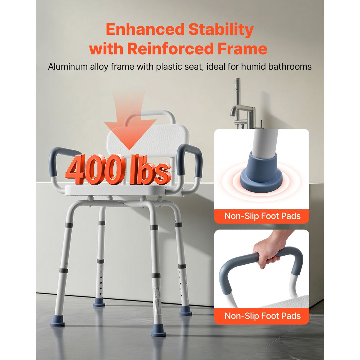 Swivel Shower Chair with Arms and Back, 400 lbs Heavy Duty Bench Seat for Inside Shower Stall and Bathtub, Height Adjustable Bathroom Bath Tub Seat for Adults, Seniors, Elderly and Disabled