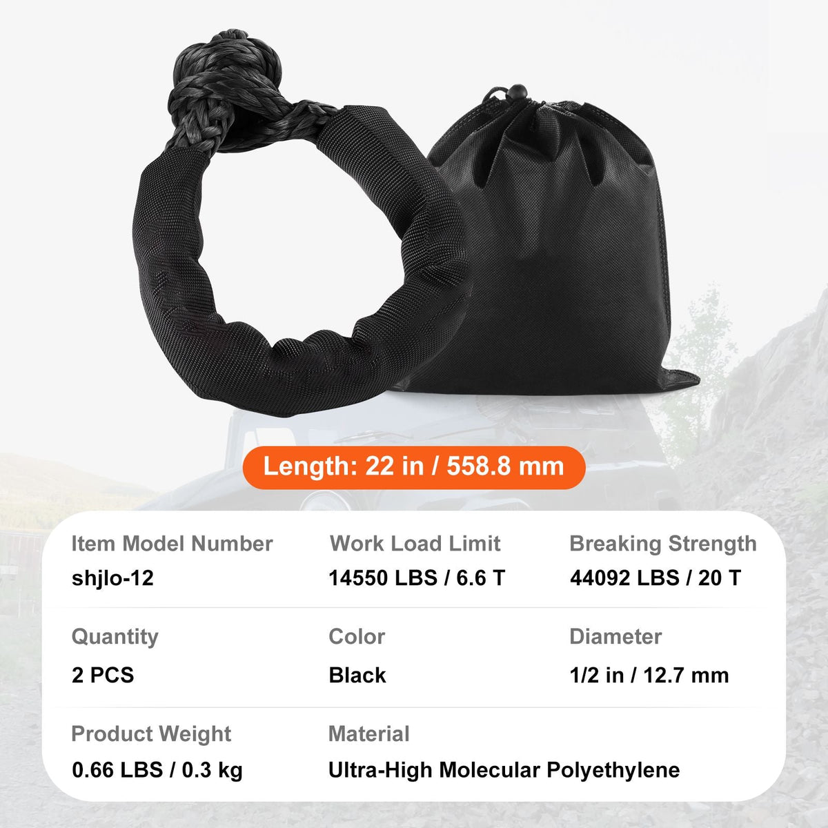 Synthetic Soft Shackle, 1/2" x 22" (2 Pack) 44092 lbs (20 Ton) Breaking Strength Recovery Tow Shackles with Extra 2 Sleeves & Storage Bag for UTV, ATV, Trucks, Jeep, Off-Road Vehicles, Black