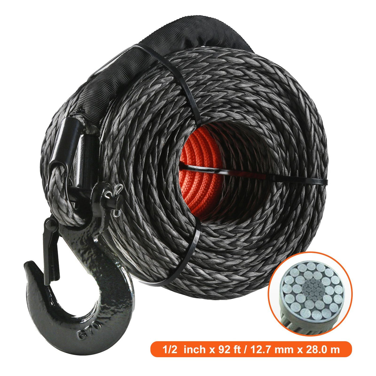 Synthetic Winch Rope, 1/2 Inch x 92 Feet 32,000 lbs Synthetic Winch Line Cable Rope with Protective Sleeve + Forged Winch Hook + Pull Strap, Universal Fit for SUV, Large Off-Road Vehicle, Truck