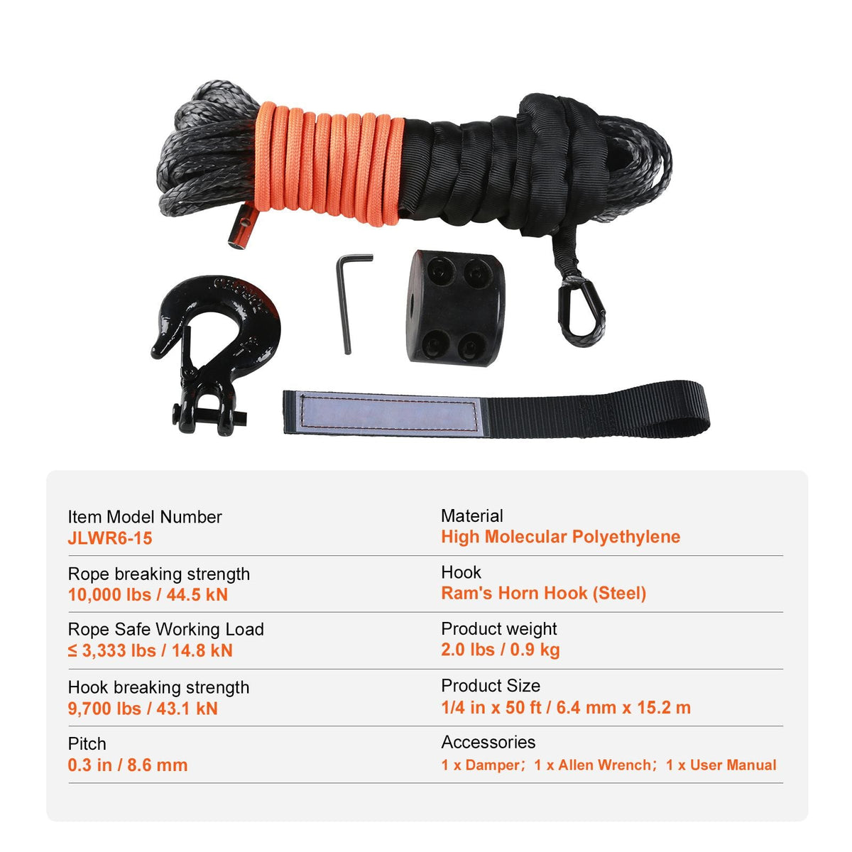 Synthetic Winch Rope, 1/4 Inch x 50 Feet 10,000 lbs Synthetic Winch Line Cable Rope with Protective Sleeve + Stopper + Forged Winch Hook + Pull Strap, Fit for ATV, UTV, Small Vehicle, Pickup