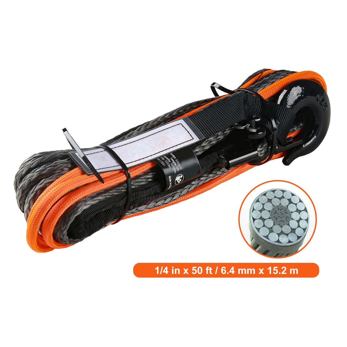 Synthetic Winch Rope, 1/4 Inch x 50 Feet 10,000 lbs Synthetic Winch Line Cable Rope with Protective Sleeve + Stopper + Forged Winch Hook + Pull Strap, Fit for ATV, UTV, Small Vehicle, Pickup