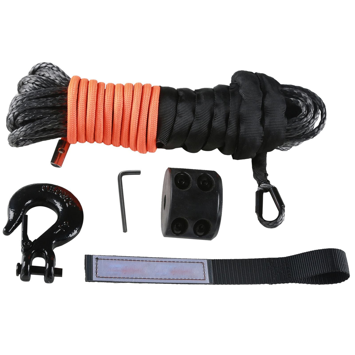Synthetic Winch Rope, 1/4 Inch x 50 Feet 10,000 lbs Synthetic Winch Line Cable Rope with Protective Sleeve + Stopper + Forged Winch Hook + Pull Strap, Fit for ATV, UTV, Small Vehicle, Pickup
