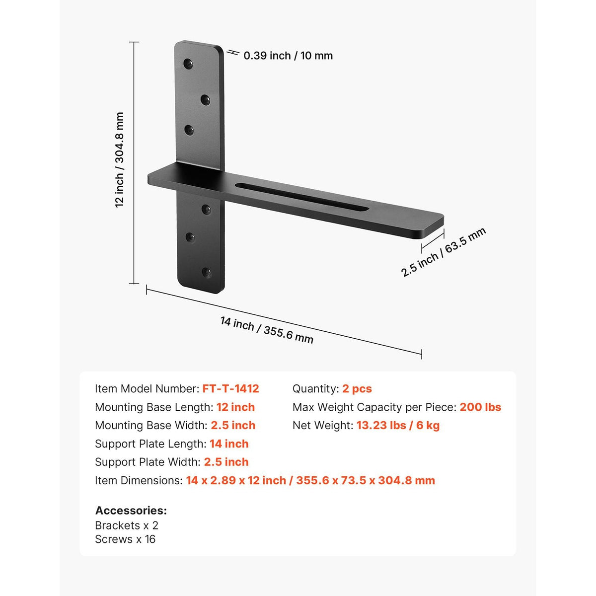 T Shelf Brackets 2 Pcs, 200 lbs/90 kg Weight Capacity, 14x2.89x12 in / 355.6x73.5x304.8 mm, Solid Steel Heavy Duty Brackets for Shelves, Countertop Support Floating Bracket Hardware with Screws