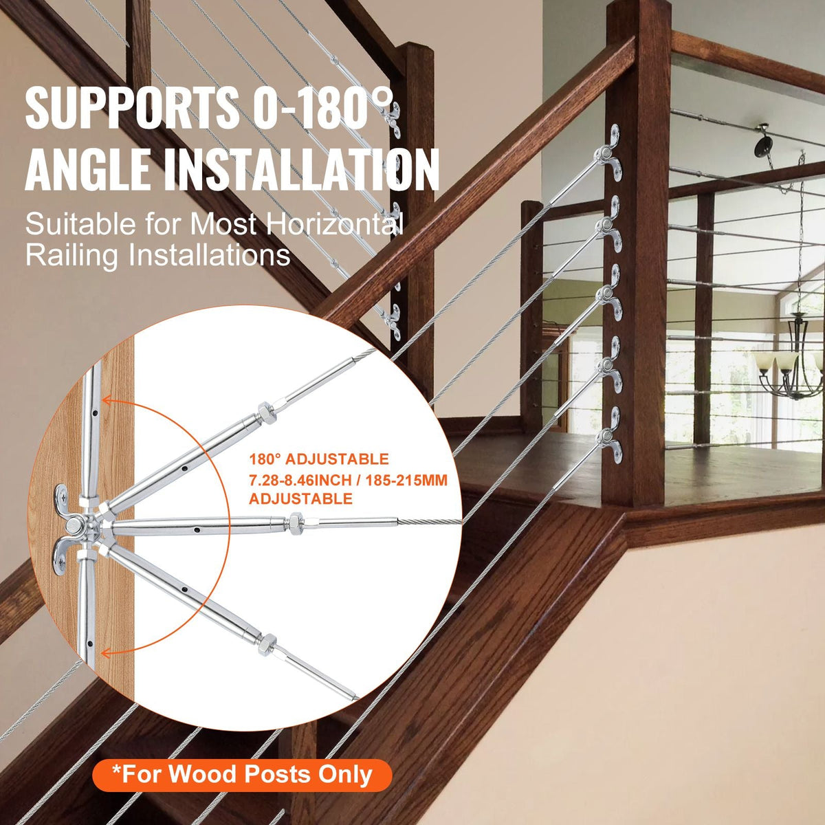 T316 Stainless Steel Adjustable Angle 1/8" Cable Railing Kit/Hardware for Wood Post, Marine Grade for 1/8"Wire Rope,0-180-Degree Angle & Easy Installation, Silver (10 Pack)