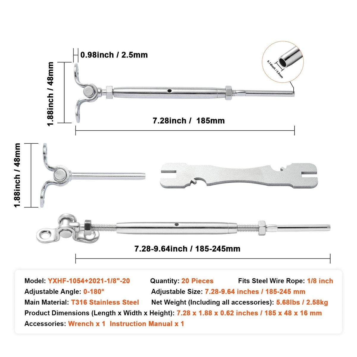 T316 Stainless Steel Adjustable Angle 1/8" Cable Railing Kit/Hardware for Wood Post, Marine Grade for 1/8"Wire Rope,0-180-Degree Angle & Easy Installation, Silver (20 Pack)