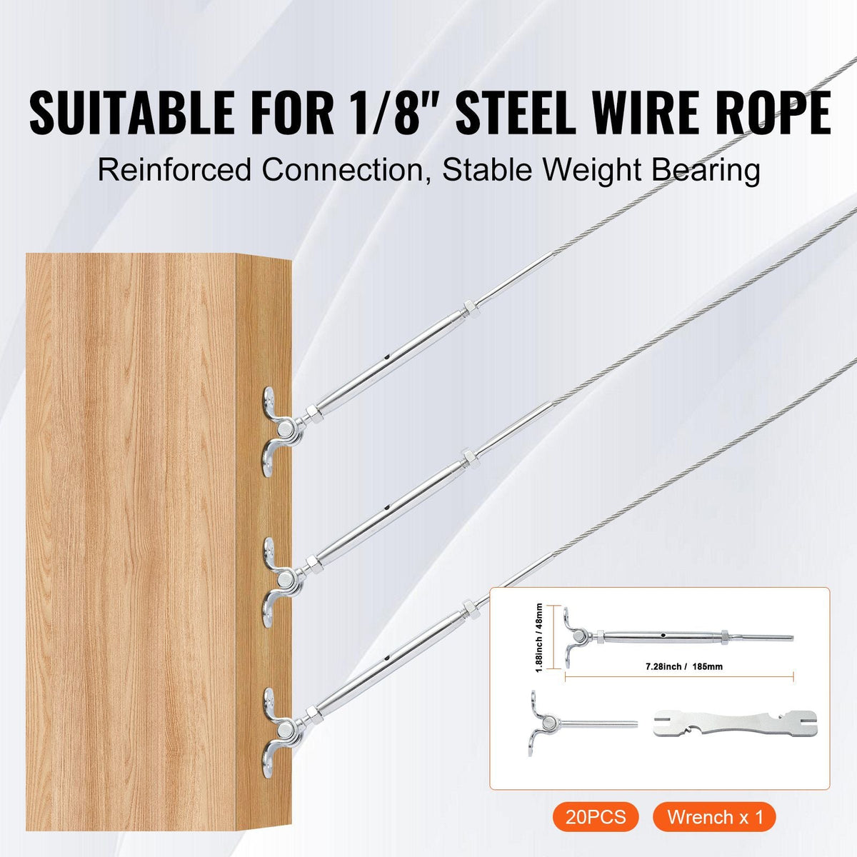 T316 Stainless Steel Adjustable Angle 1/8" Cable Railing Kit/Hardware for Wood Post, Marine Grade for 1/8"Wire Rope,0-180-Degree Angle & Easy Installation, Silver (20 Pack)