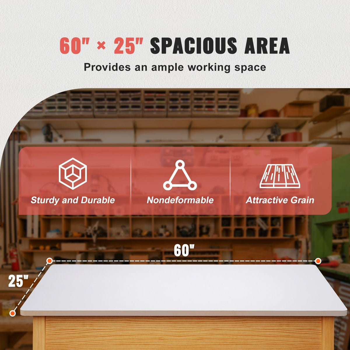 Table Top, Holds up to 220.5 lbs, 60" x 25" x 1" Rectangular Countertop for Height Adjustable Electric Standing Desk Frame, Universal One-Piece Particle Board Desktop for Office & Home Desk