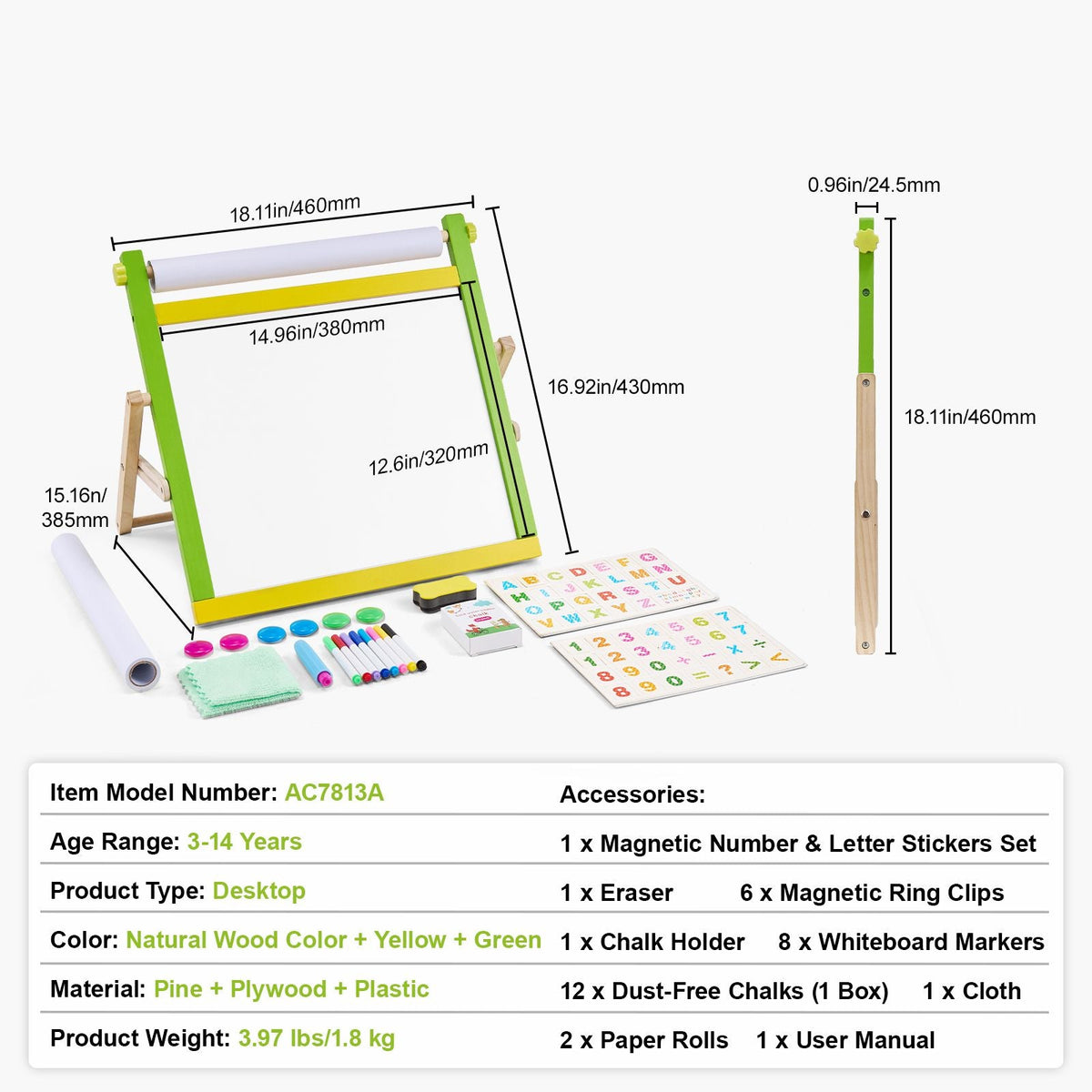Tabletop Art Easel for Kids, 3-in-1 Wooden Double-Sided Kid's Art Easel with Magnetic Whiteboard, Chalkboard, Paper Roll, Foldable Portable Drawing Board with Painting Accessories for Boys Girls