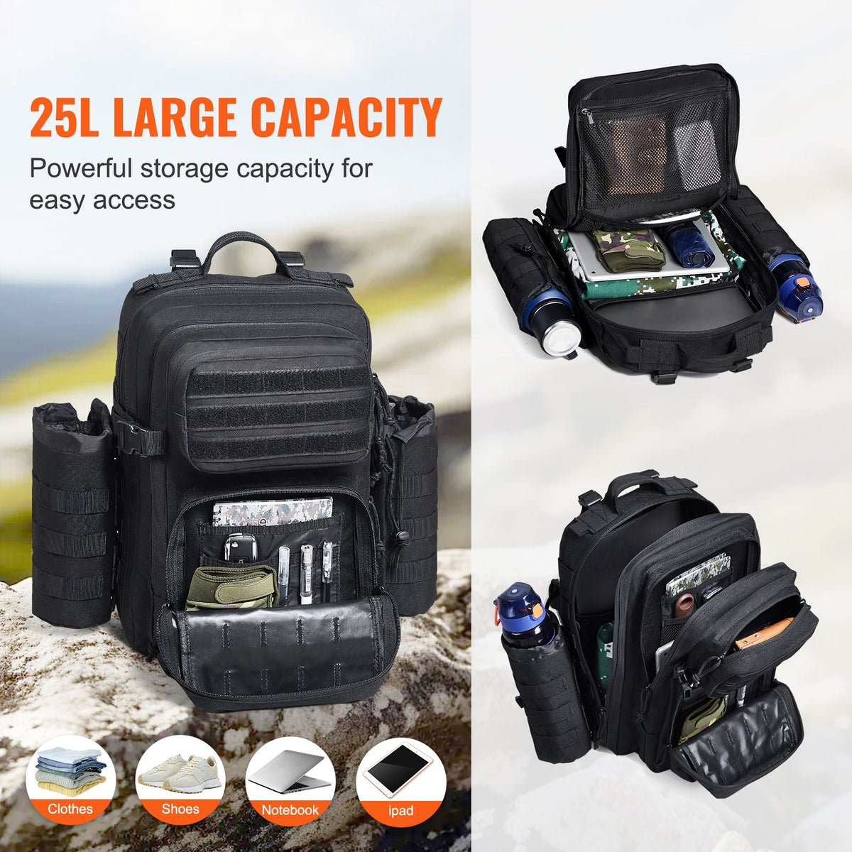 Tactical Backpack, 25L Military Tactical Backpack with Molle Design & 3 Compartments, Army Assault Pack Bag for Men and Women, Range Gear Backpack for Outdoor Adventure, Hiking, Hunting, Black