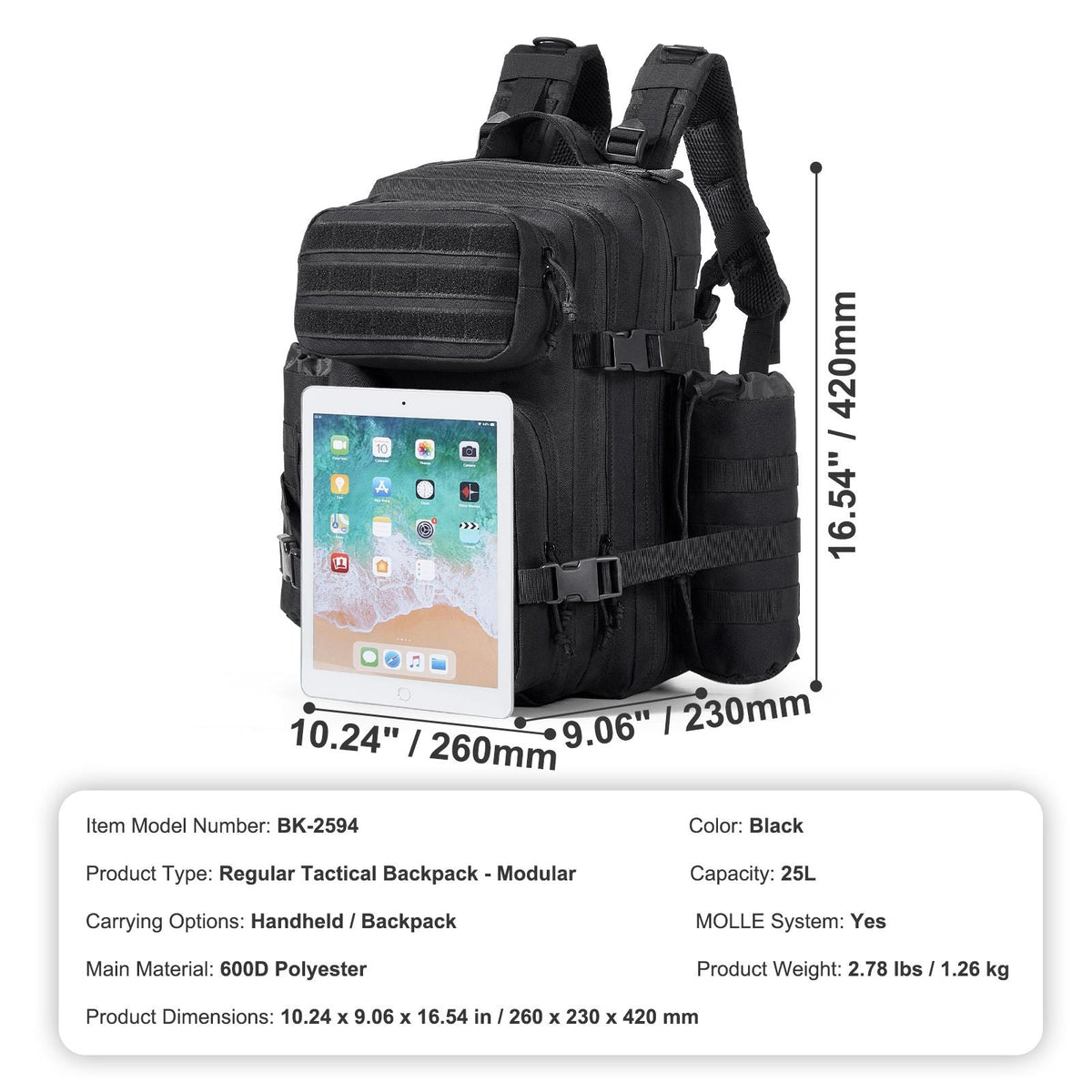 Tactical Backpack, 25L Military Tactical Backpack with Molle Design & 3 Compartments, Army Assault Pack Bag for Men and Women, Range Gear Backpack for Outdoor Adventure, Hiking, Hunting, Black