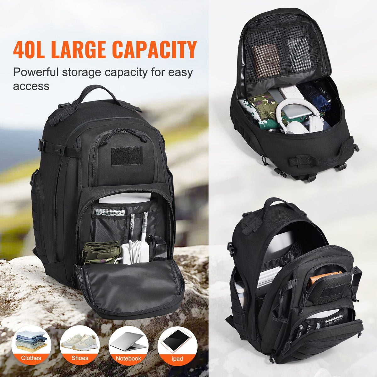 Tactical Backpack, 40L Military Tactical Backpack with Molle Design & Sponge Pad, Army Assault Pack Bag for Men and Women, Range Gear Backpack for Outdoor Adventure, Hiking, Hunting, Black