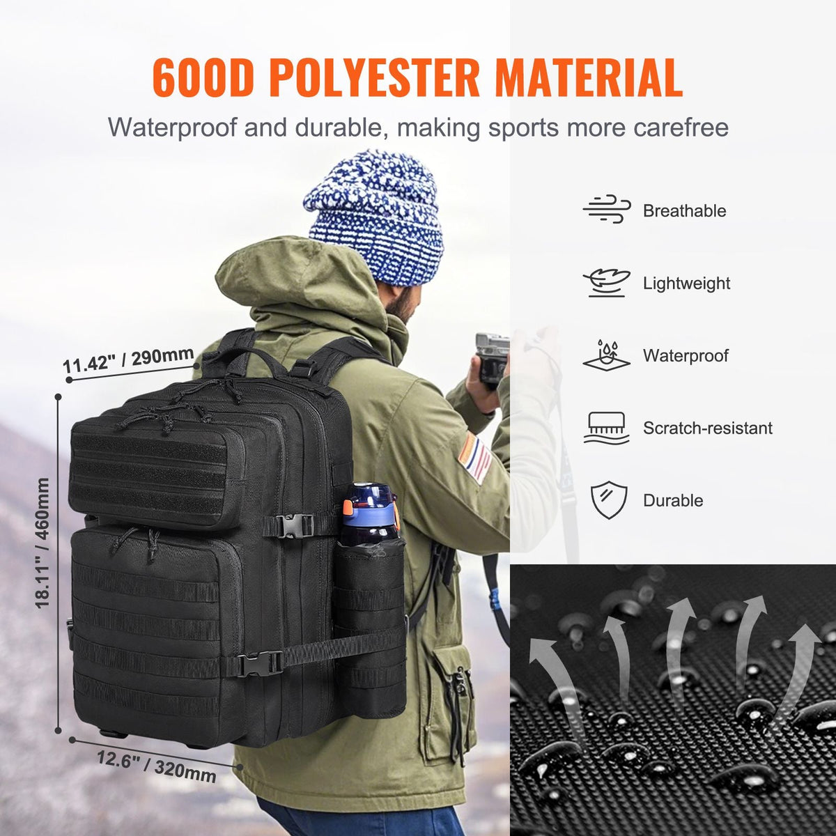 Tactical Backpack, 45L Military Tactical Backpack with Molle Design & 3 Compartments, Army Assault Pack Bag for Men and Women, Range Gear Backpack for Outdoor Adventure, Hiking, Hunting, Black