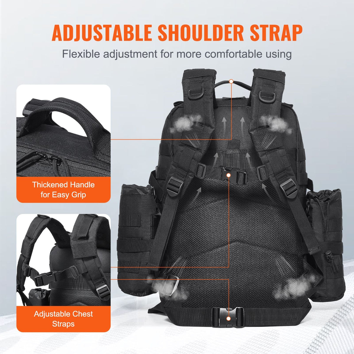 Tactical Backpack, 45L Military Tactical Backpack with Molle Design & 3 Compartments, Army Assault Pack Bag for Men and Women, Range Gear Backpack for Outdoor Adventure, Hiking, Hunting, Black