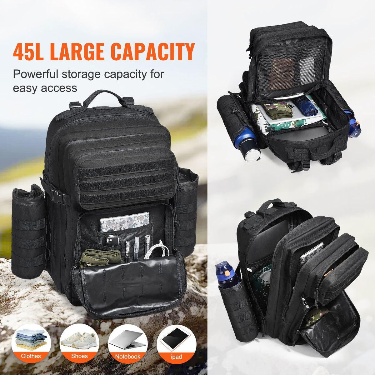 Tactical Backpack, 45L Military Tactical Backpack with Molle Design & 3 Compartments, Army Assault Pack Bag for Men and Women, Range Gear Backpack for Outdoor Adventure, Hiking, Hunting, Black