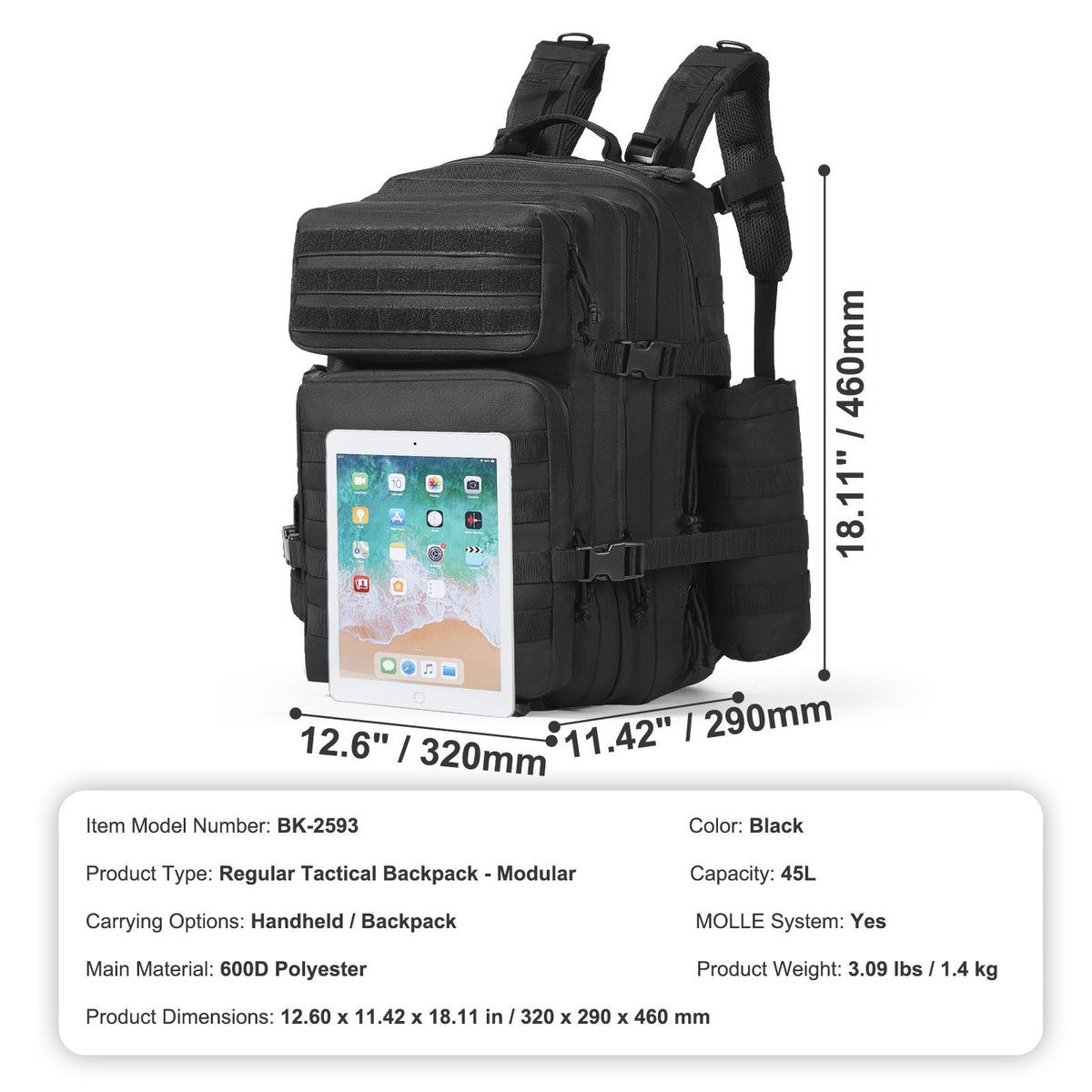 Tactical Backpack, 45L Military Tactical Backpack with Molle Design & 3 Compartments, Army Assault Pack Bag for Men and Women, Range Gear Backpack for Outdoor Adventure, Hiking, Hunting, Black