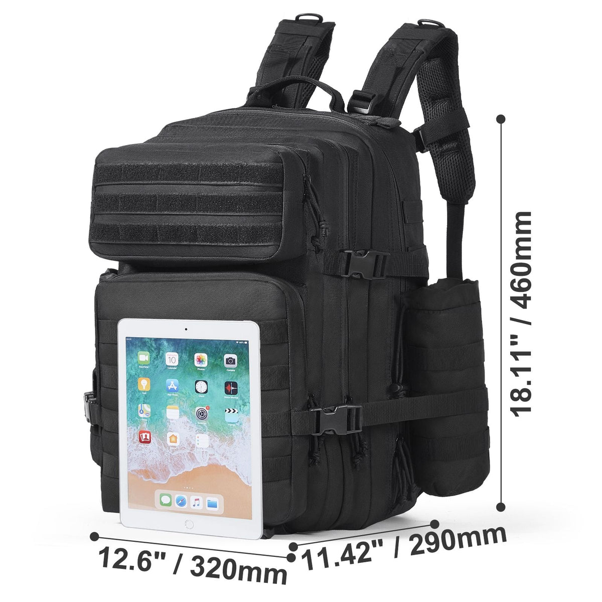 Tactical Backpack, 45L Military Tactical Backpack with Molle Design & 3 Compartments, Army Assault Pack Bag for Men and Women, Range Gear Backpack for Outdoor Adventure, Hiking, Hunting, Black